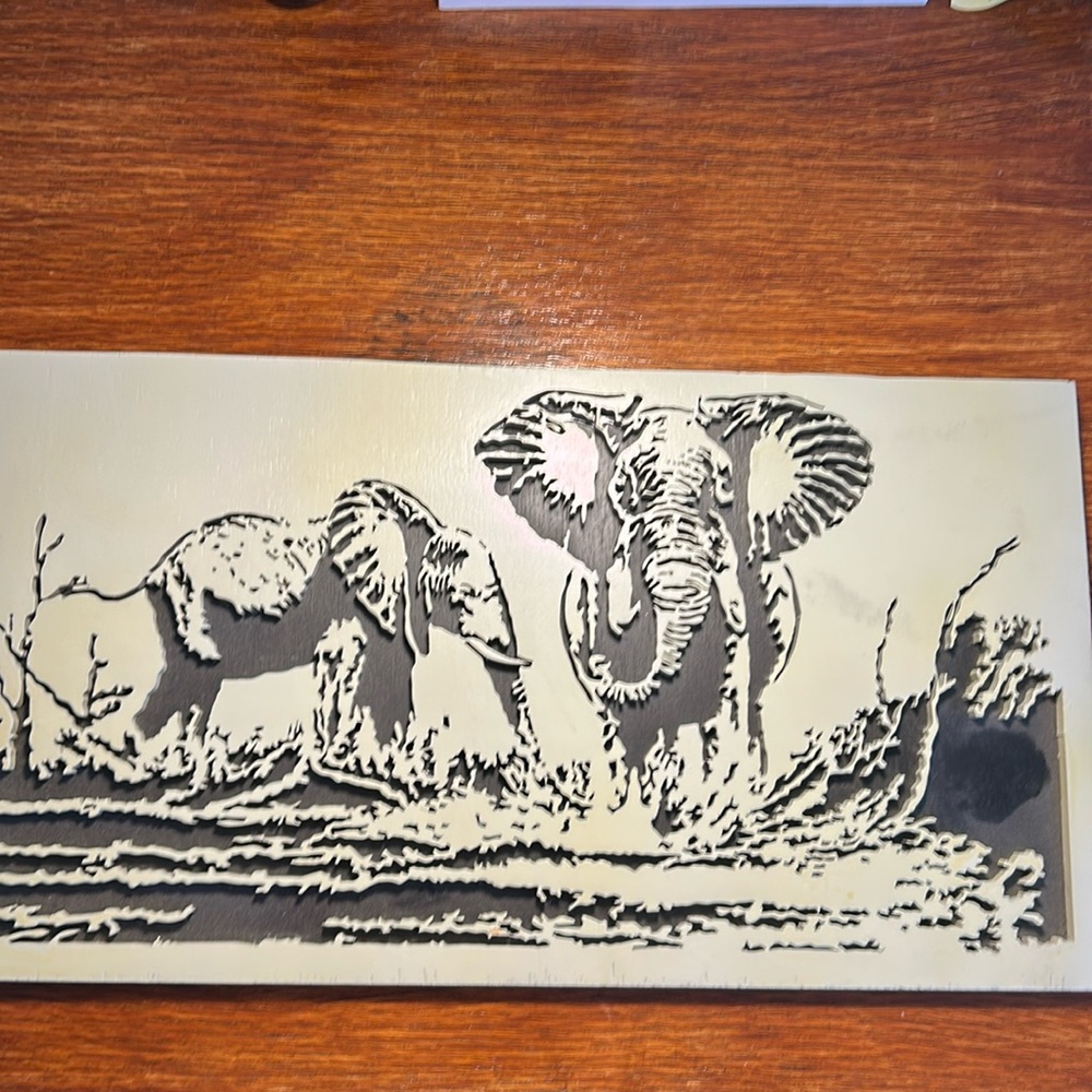 Kenneth Bolton Scrolled on Wood Elephant Print 15 1/4 X 8 1/2